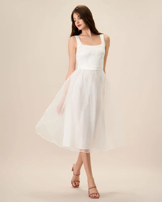 Women's White See-Through Splicing Midi Dress