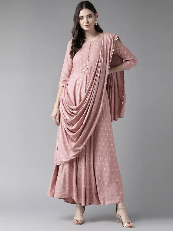 Ahalyaa Pink & Golden Printed Maxi Dress With Attached Dupatta