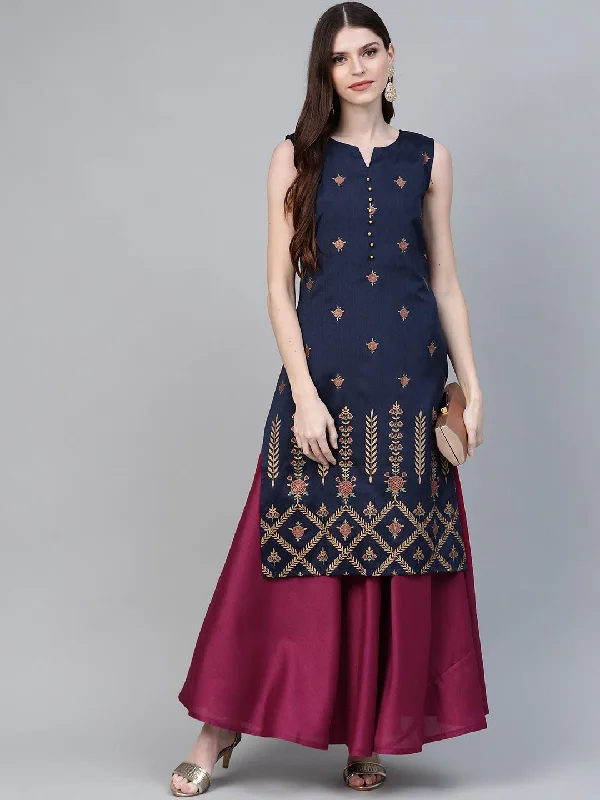 Ahalyaa Women Navy Blue & Magenta Ethnic Sreen Printed Layered Maxi Dress