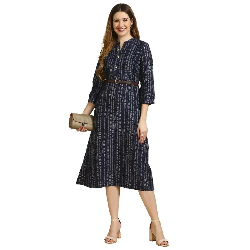 Anubhutee Women's Cotton A-Line Midi Casual Navy Blue Dress