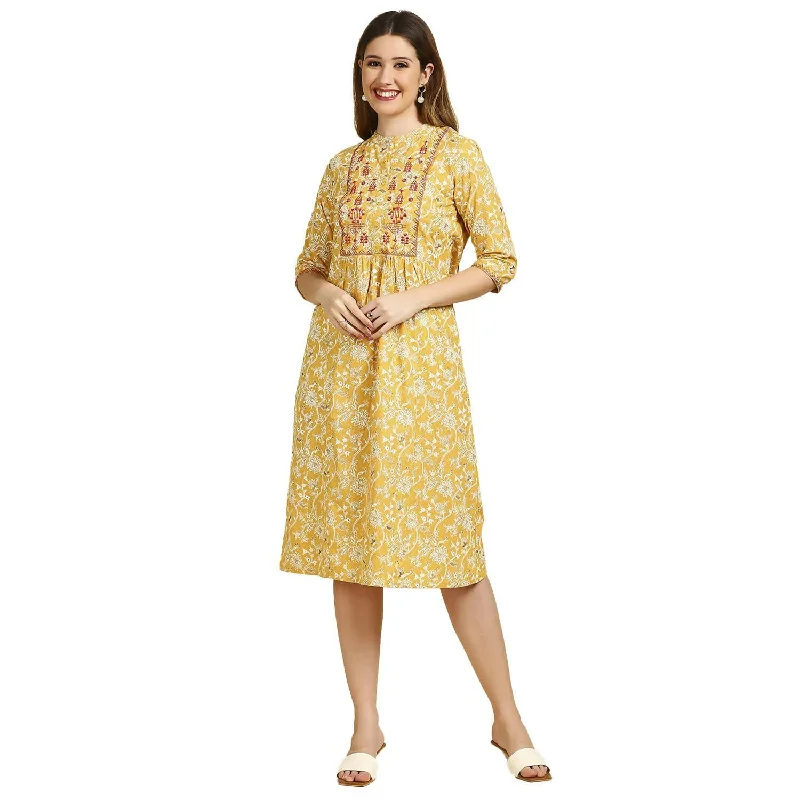 Anubhutee Women's Cotton A-Line Midi Casual Yellow Dress