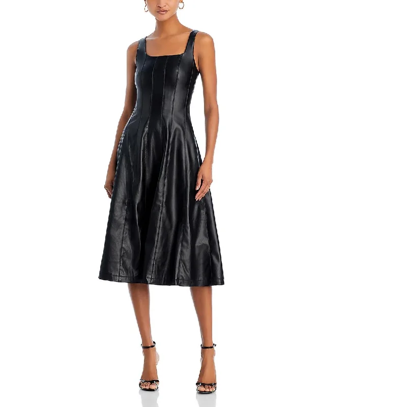 Avec Les Filles Womens Faux Leather Sleeveless Midi Dress