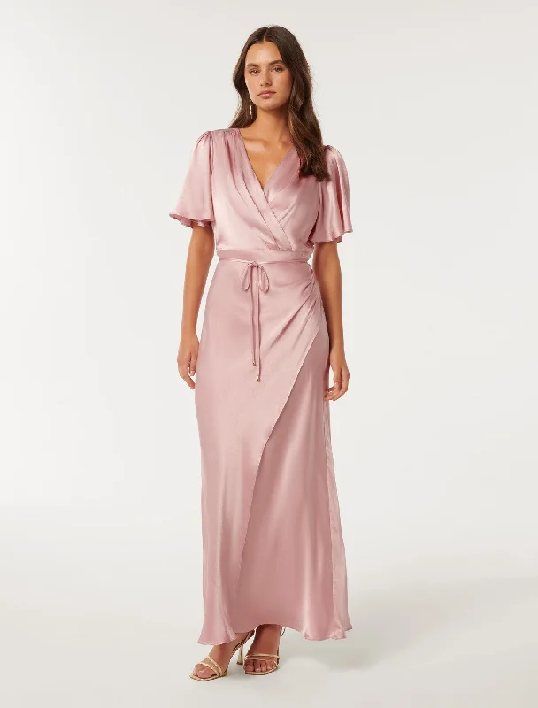 Chelsea Flutter Sleeve Satin Maxi Dress