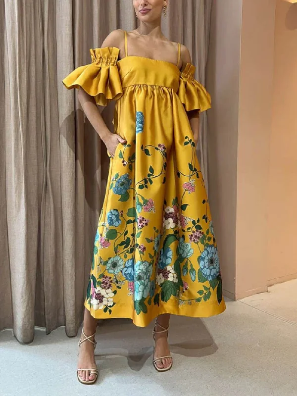 Marigold Printed Gathered Sleeve Graceful Pocketed A-Line Midi Dress