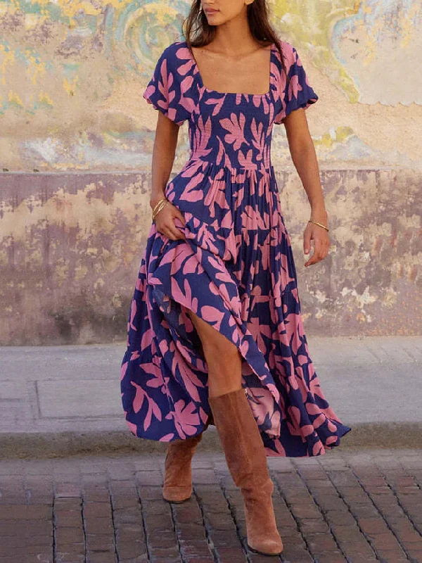 Puff Sleeve Square Charming Neck Printed Midi Dress