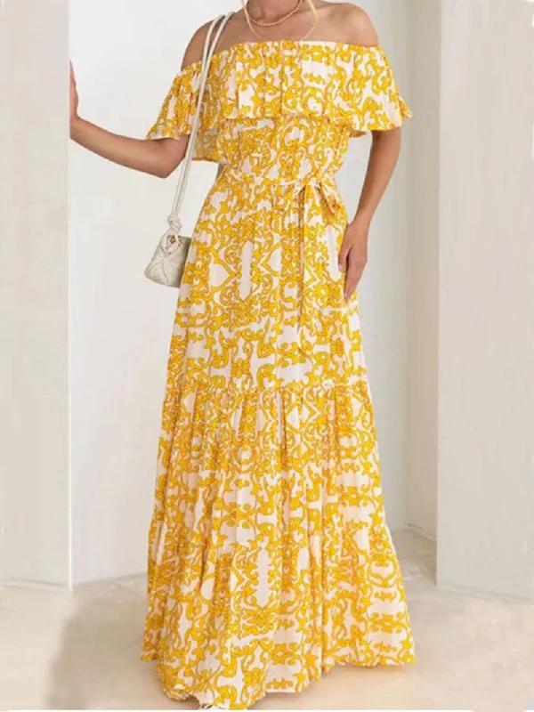 One-Shoulder Short-Sleeve Printed Charming Ruffle Maxi Dress