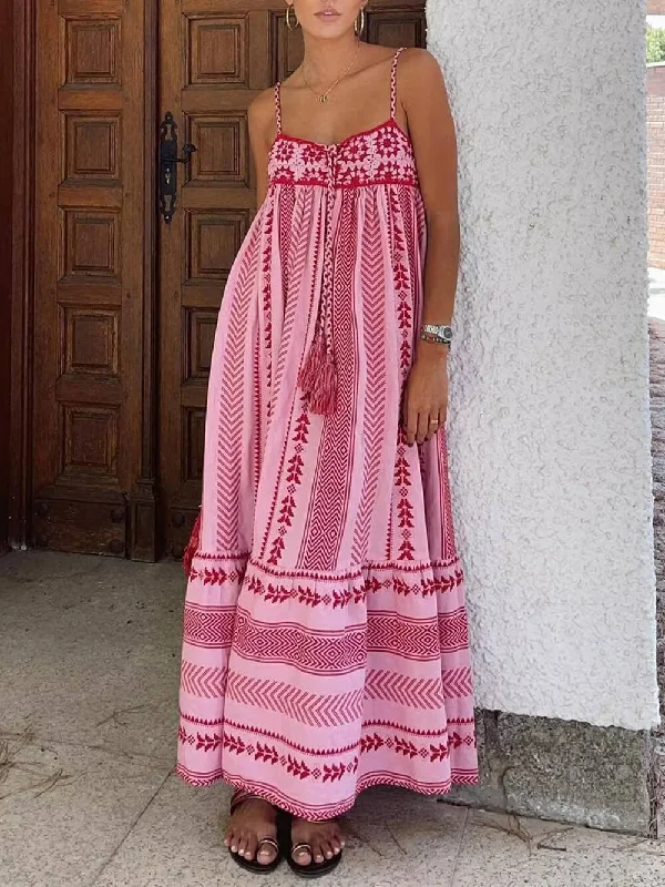 Ethnic Style Crochet Patchwork Graceful Knitted Slip Maxi Dress