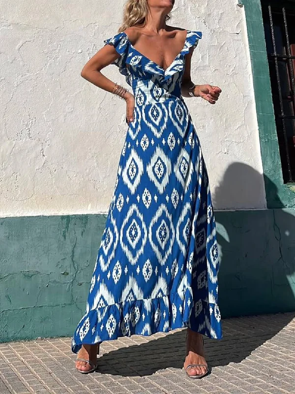 Ethnic Print Smocked Bust Graceful Ruffle Neck Maxi Dress