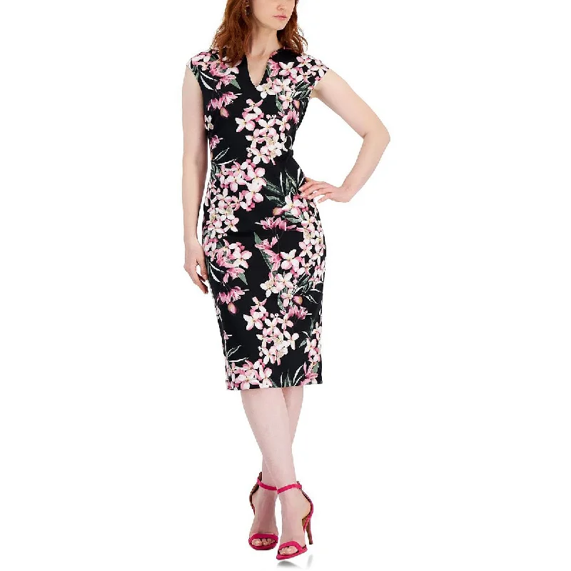 Connected Apparel Womens Floral Print V-Neck Midi Dress