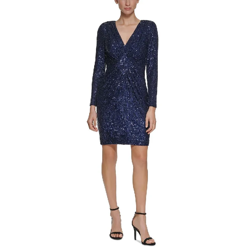 Eliza J Womens Petites Sequined V-Neck Cocktail and Party Dress