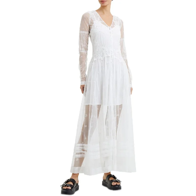 French Connection Womens Tea Length Embroidered Midi Dress