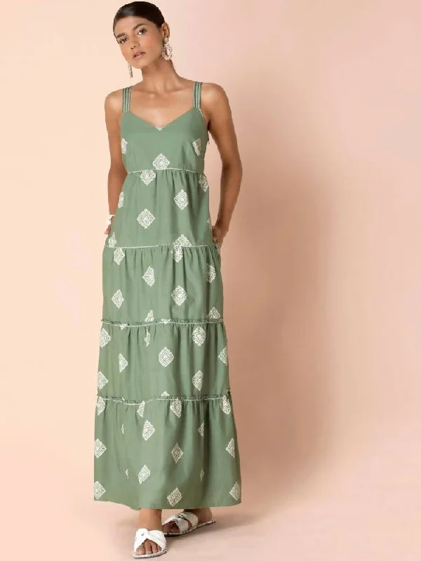 Indya Green Tribal Tiered Maxi Dress