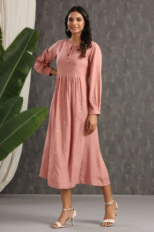 Juniper Womens Onion Pink Rayon Solid Maxi Dress With Mirror Embroidery And Full Sleeve