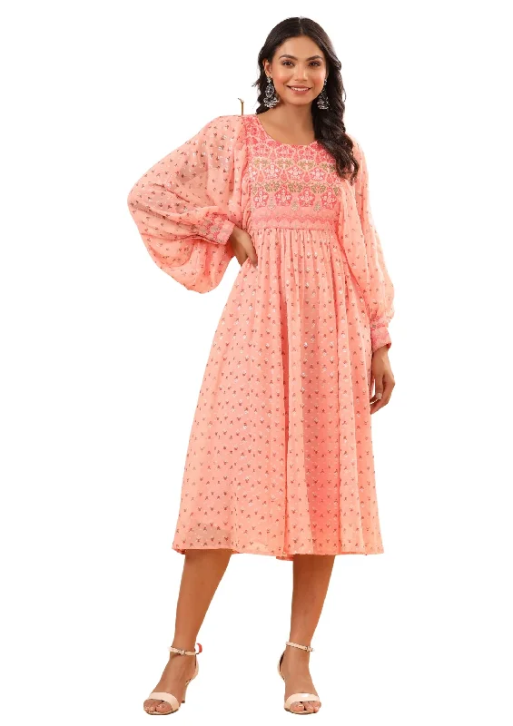 Juniper Women's Peach Ethnic Motif Printed Georgette Midi Dress With Sequins Work