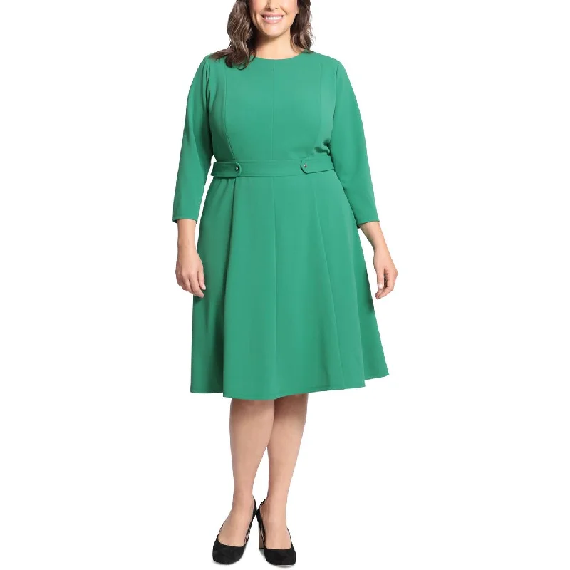 London Times Womens Plus Panel Midi Fit & Flare Dress