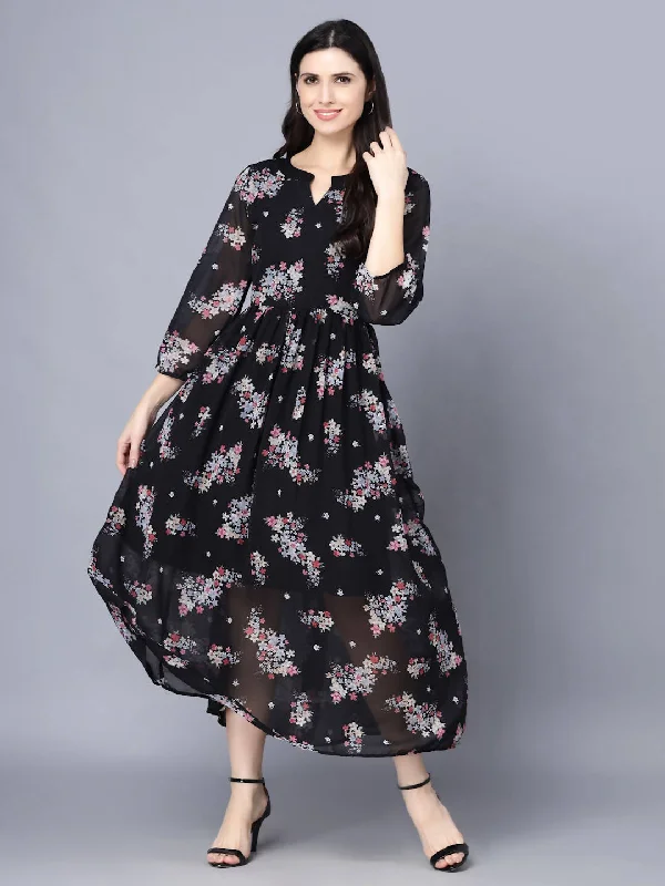 Myshka Black Floral Keyhole Neck Georgette Maxi Dress