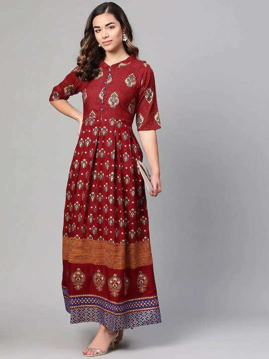 Myshka Maroon & Golden Ethnic Motifs Printed Cotton Maxi Dress