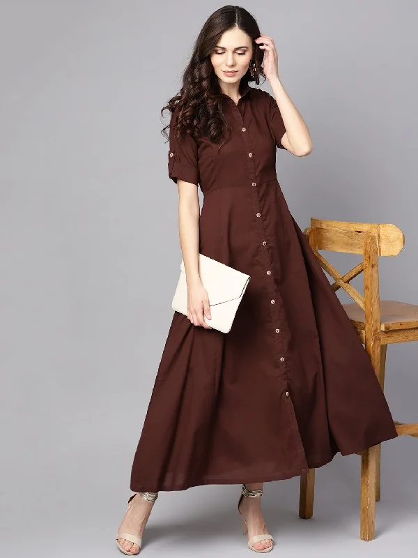 NOZ2TOZ Solid Chocolate Brown Maxi Dress With Shirt Collar & 3/4 Sleeves