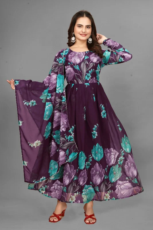 Preksha Creation Fox Georgette Floral Print Maxi Dress With Dupatta - Dark Purple