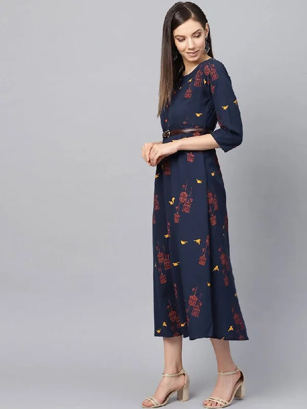 Yufta Women Navy Blue & Orange Quirky Printed Maxi Dress