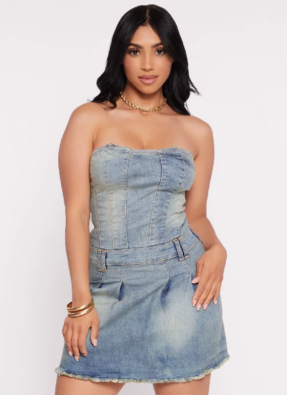 Strapless Pleated Denim Mini Dress