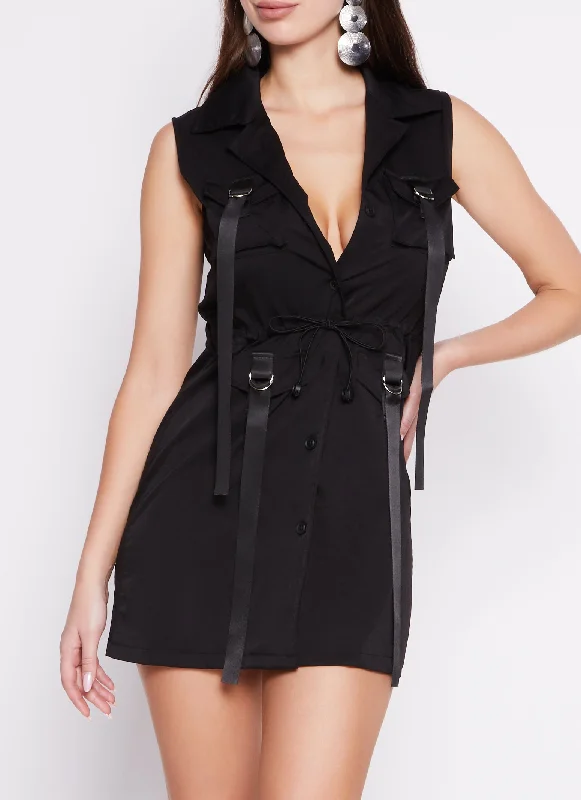 Strappy Cargo Pocket Button Front Mini Dress