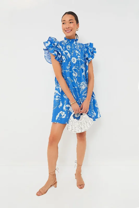 Exclusive Audubon Blue Pintuck Ruffle Mini Dress