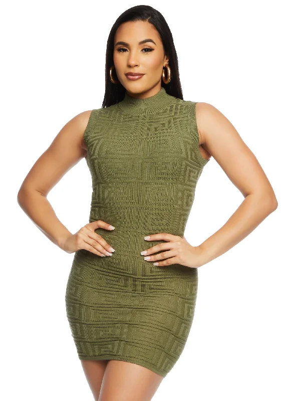 Greek Key Textured Knit Mini Dress