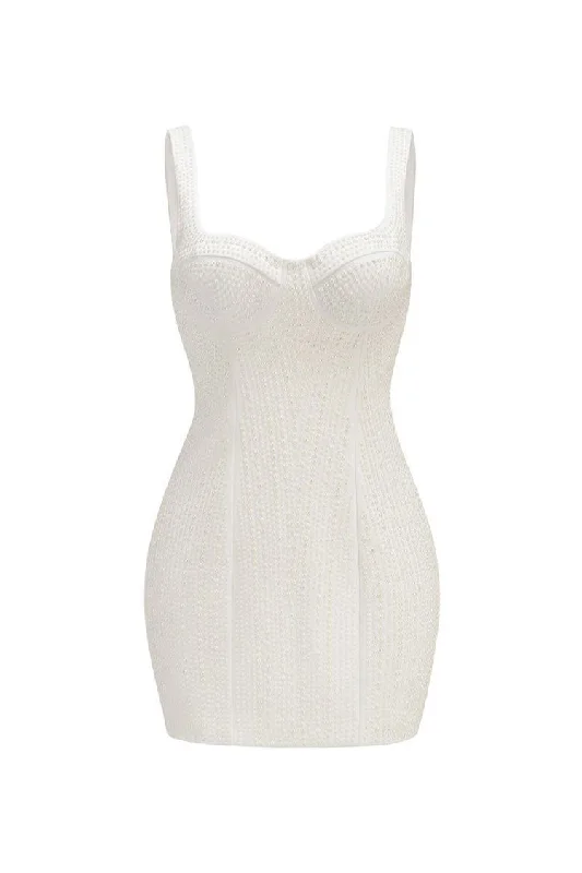 Elegant Sweetheart Sleeveless Pearl Embellished Bodycon Party Mini Dress