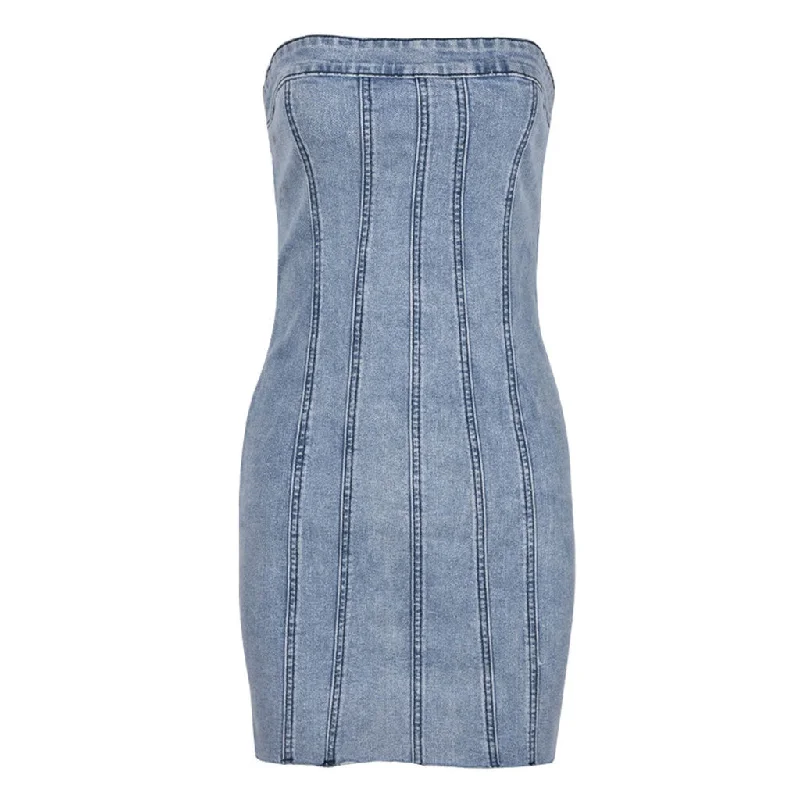 Retro Style Washed Strapless Raw Trim Summer Bodycon Mini Denim Dress