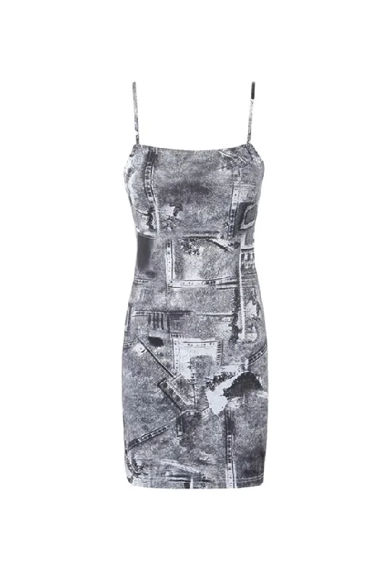 Sexy Newspaper Print Square Neck Bodycon Summer Slip Mini Sundress