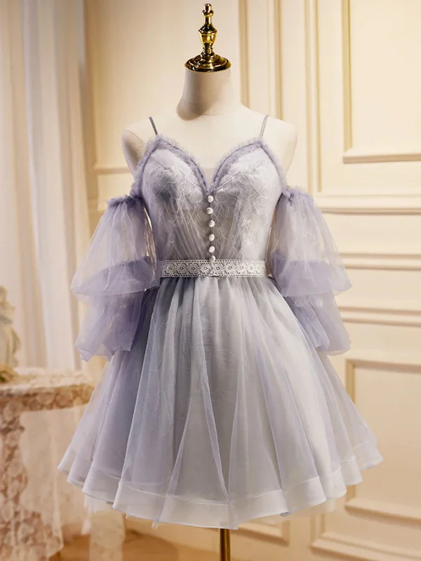 A Line Light Purple Lace Tulle Short Prom Dresses,  Light Purple Lace Homecoming Dresses