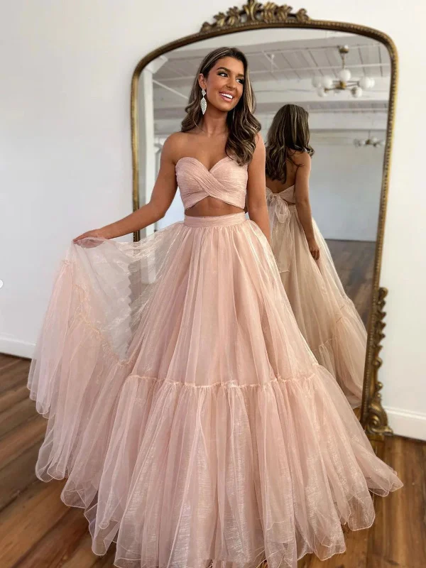 A Line Sweetheart Neck Two Pieces  Pink Tulle Long Prom Dresses, 2 Pieces Pink Formal Evening Dresses