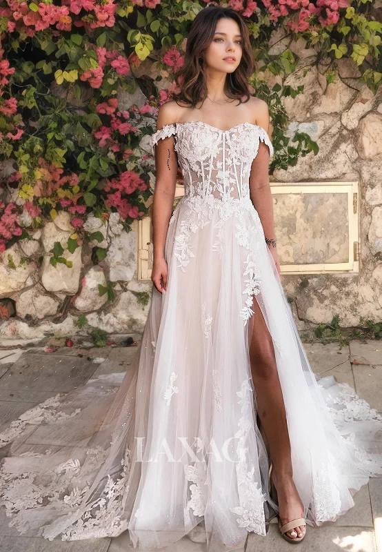 A-Line Off Shoulder Tulle Lace Appliques High Slit Wedding Dress with Train