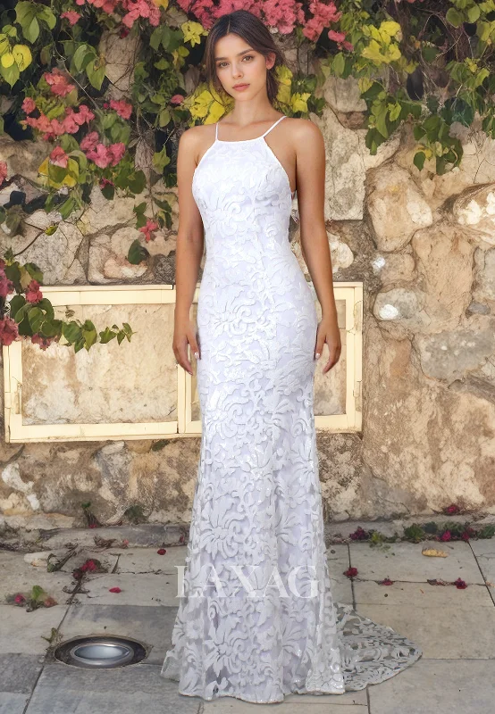 Halter Backless Lace Appliques Sleek Satin Mermaid Wedding Dress with Train