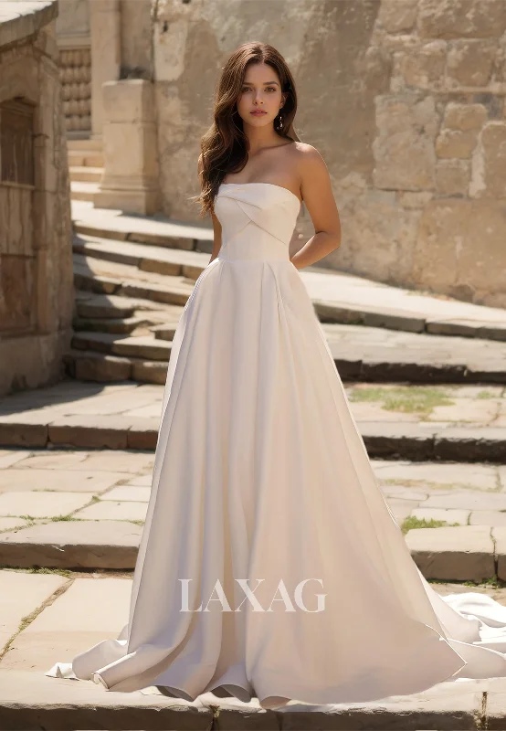 Weekend Sale Marathon Off-Shoulder Tube Top Sleeveless A-Line Bride Gowns Pleated Satin Wedding Dress with Train Weekend Sale Marathon Off-Shoulder Tube Top Sleeveless A-Line Bride Gowns Pleated Satin Wedding Dress with Train