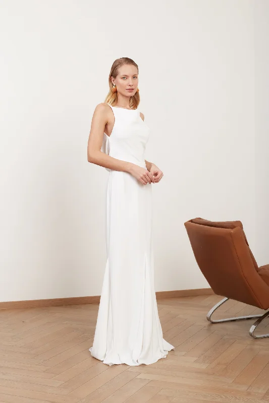 LINEA white long wedding dress with cowl back