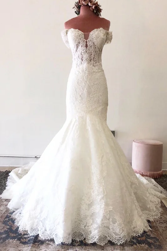 Off the Shoulder Court Train Lace White Wedding Dress