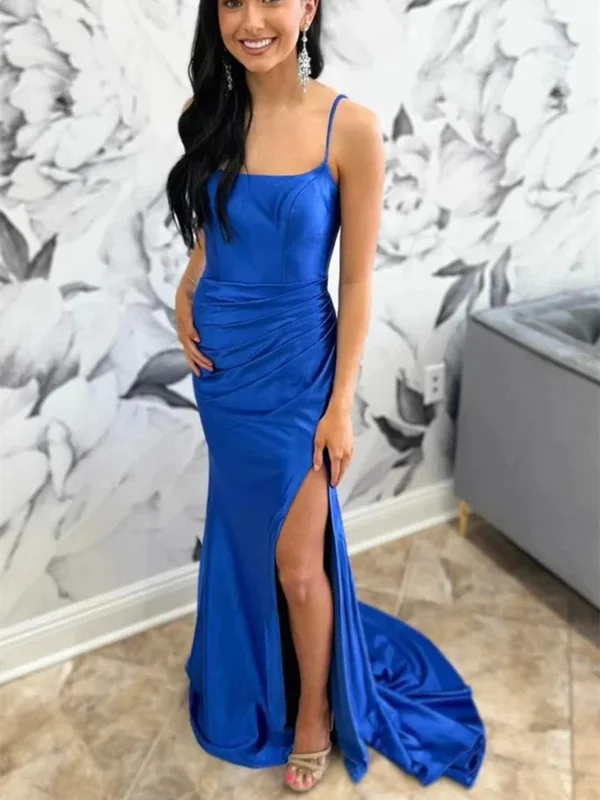 Open Back Mermaid Royal Blue Long Prom Dresses with High Slit, Mermaid Royal Blue Backless Formal Evening Dresses