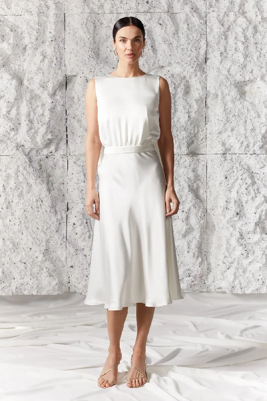 ROSA white satin midi dress with back ribbons