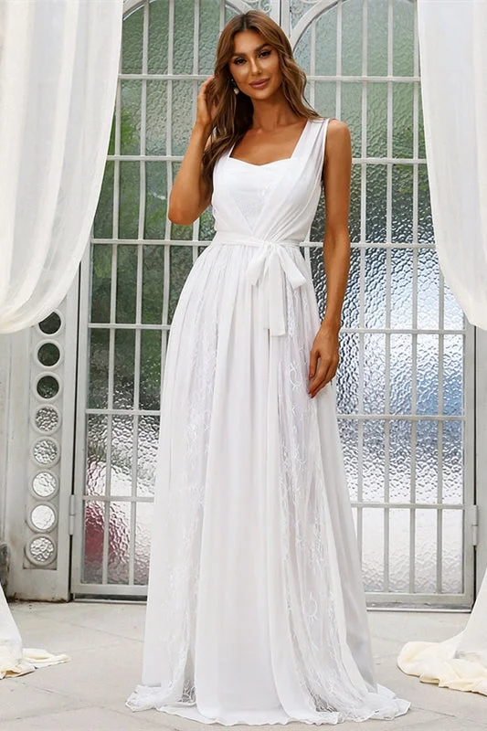 Simple White Chiffon Sleeveless Long Wedding Dress