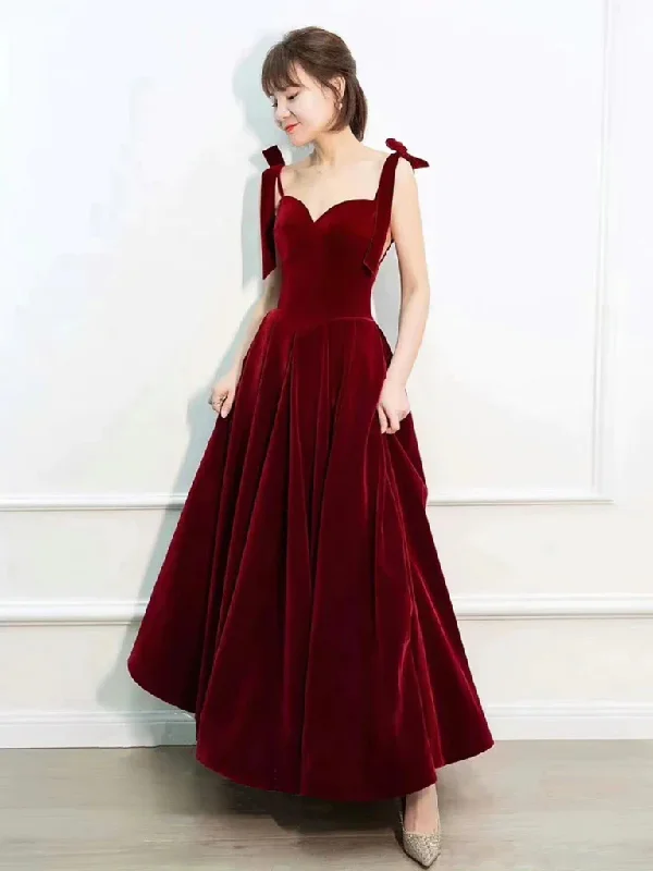 Sweetheart Neck Burgundy Velvet Long Prom Dresses, Sweetheart Neck Burgundy Velvet Long Formal Graduation Evening Dresses