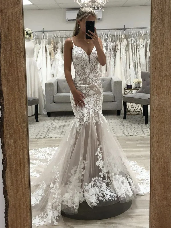 V Neck Mermaid Champagne Lace Long Prom Wedding Dresses, Mermaid Champagne Formal Dresses, Champagne Lace Evening Dresses SP2206