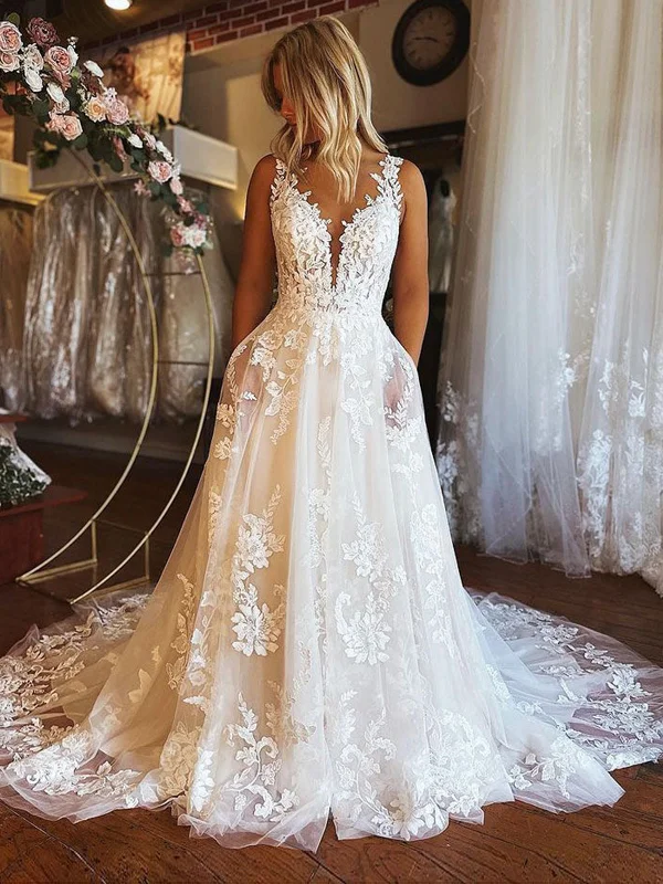 V Neck Open Back Ivory Lace Long Prom Wedding Dresses with Train, Ivory Lace Formal Evening Dresses SP2242