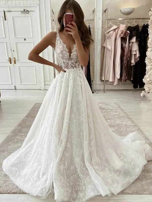 V Neck White Lace Long Wedding Dresses, Long White Lace Prom Dresses, White Formal Evening Dresses