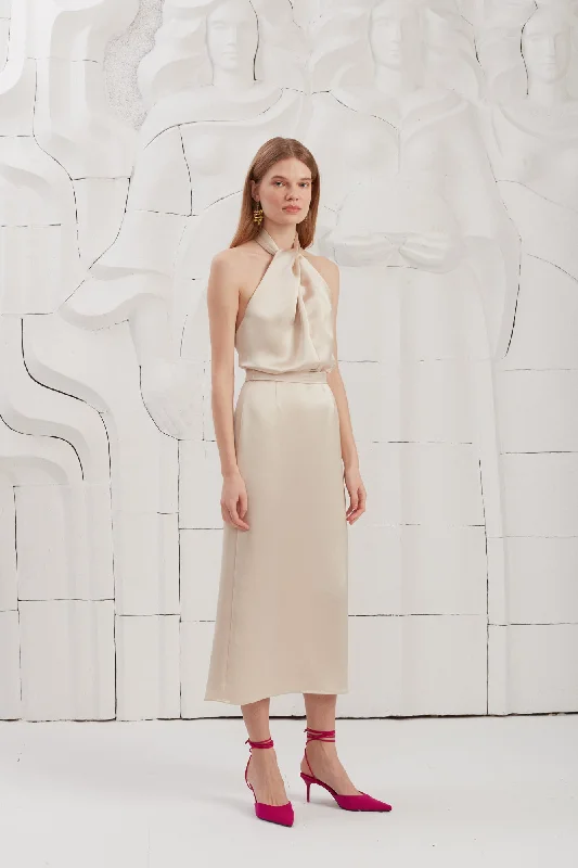 PAULA beige satin cocktail dress